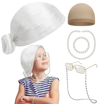 100th Day of School Costume, Old Lady Cosplay White Bun Wig Glasses Wig Cap Pearl Necklace Bracelet Props for Kids Girls