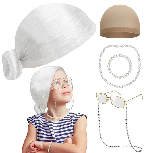 100th Day of School Costume, Old Lady Cosplay White Bun Wig Glasses Wig Cap Pearl Necklace Bracelet Props for Kids Girls