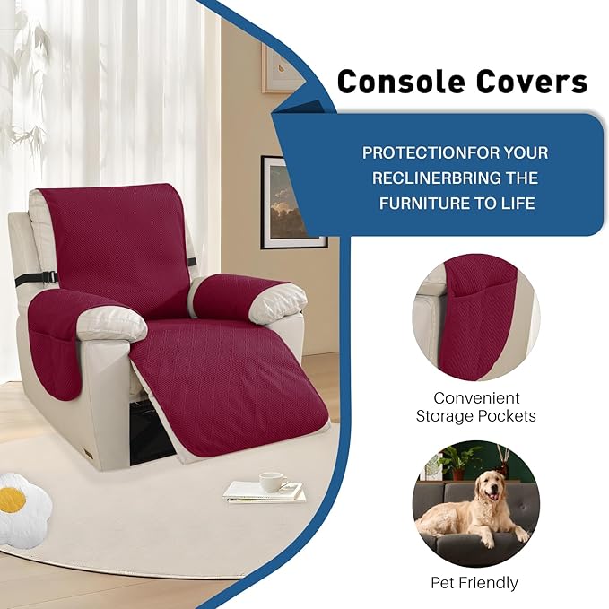 Easehomey Waterproof Recliner Chair Cover,Non-Slip Recliner Cover with Two Pockets Elastic Straps Slip Covers for Recliners with Arms Washable Reclining Chair Cover Furniture Protector(Wine Red,23.6")