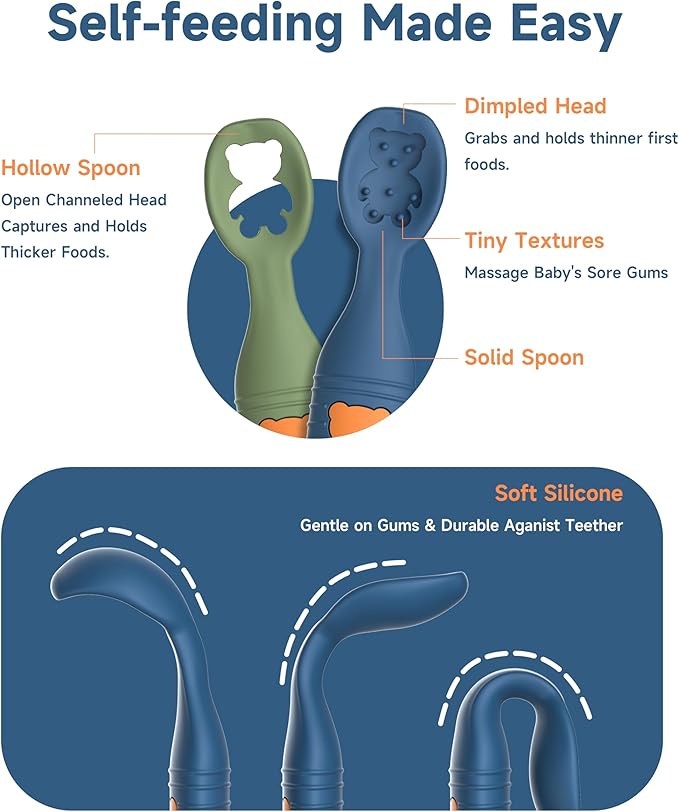 2 Pack Baby Spoons, First Stage Spoons, Food Grade Silicone, 6+ Months, Teething for Self Feeding, Toddler Utensils for Baby Led Weaning, BPA Free