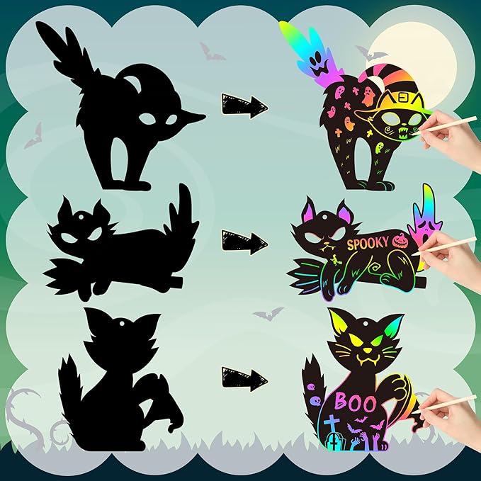 CY2CSIDE Halloween Black Cat Scratch Cards - 60PCS Halloween Spooky Ornament Scratch Card Gift Set for Kids DIY Black Cat Skull Magic Arty Rainbow Color Bookmark Craft Kit for Kids School Activity