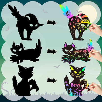 CY2CSIDE Halloween Black Cat Scratch Cards - 60PCS Halloween Spooky Ornament Scratch Card Gift Set for Kids DIY Black Cat Skull Magic Arty Rainbow Color Bookmark Craft Kit for Kids School Activity