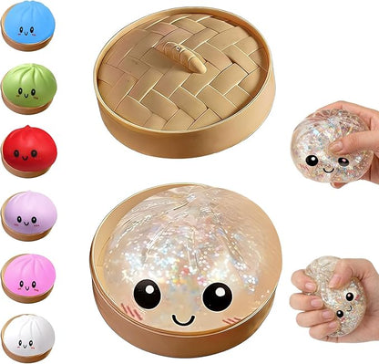 Dumpling Squishies Toy, Giant Glitter Dumpling, Colorful Steamed Bun Stress Balls Fidget Sensory Toy,Squeeze Dough Ball Stress Relief Hand Toys with Food Steamer Stretchy Desk Toys (Transparent)