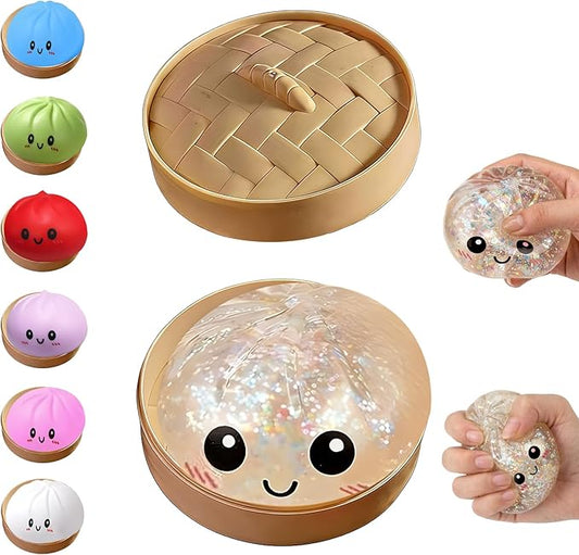 Dumpling Squishies Toy, Giant Glitter Dumpling, Colorful Steamed Bun Stress Balls Fidget Sensory Toy,Squeeze Dough Ball Stress Relief Hand Toys with Food Steamer Stretchy Desk Toys (Transparent)