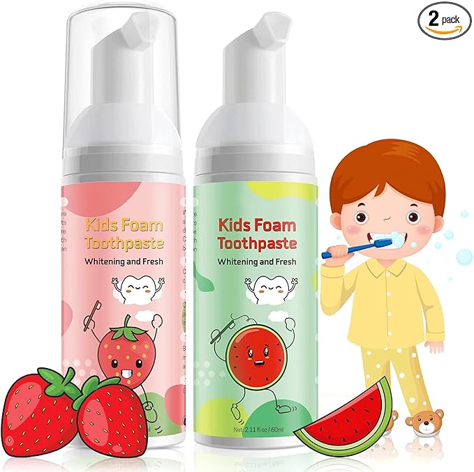 Foam Toothpaste Kids,Toddler Whitening Toothpaste with Low Fluoride & Natural Formula to Reduce Plaque,Kids Foaming Toothpaste for U Shaped Toothbrush for Children (Strawberry&Watermelon)