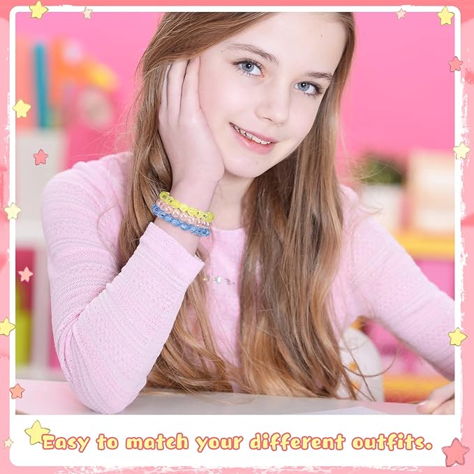 Hicarer 20 Pieces Girl Beaded Bracelets Cute Rainbow Bead Bracelets Colorful Bracelets Princess Bracelets Stretchy Bead Bracelets for Prince Birthday Present (Vivid Style)