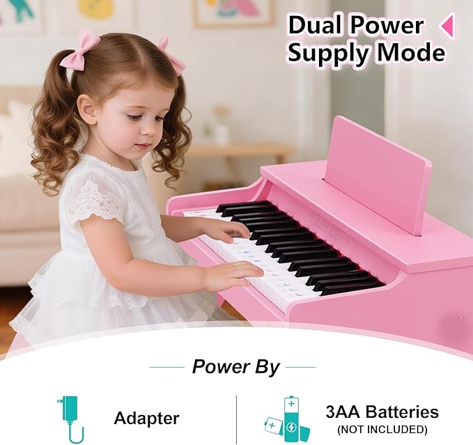 Kids Piano Keyboard, 37 Keys Wooden Digital Piano for Kids with Bench,Song Book, DIY Stickers, Cover, Education Creative Musical Instruments Toy for Boys & Grils Gifts