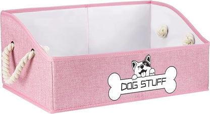 Collapsible Fabric Dog Toy Box and Storage Bin With Handle - Trapezoid Basket Chest Organizer for Pet Toys, Blankets and Accessories, Pink