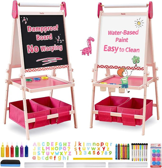 FUNLIO Anti-Warping Kids Art Easel, 3 Height Adjustable for Kids Aged 2-8, All-in-One Toddler Easel with Paper Roll & Erasable Frame, Standing Easel with Magnetic Chalkboard/Whiteboard (Pink)