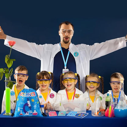 Zhanmai 140 Pcs Science Party Favors Include 12 Keychain 18 Mini Notebooks 50 Science Stickers 12 Bracelets 12 Science Name Badge 12 Drawstring Bags 12 Bendable Pencils 12 Button Pins for Kids Party