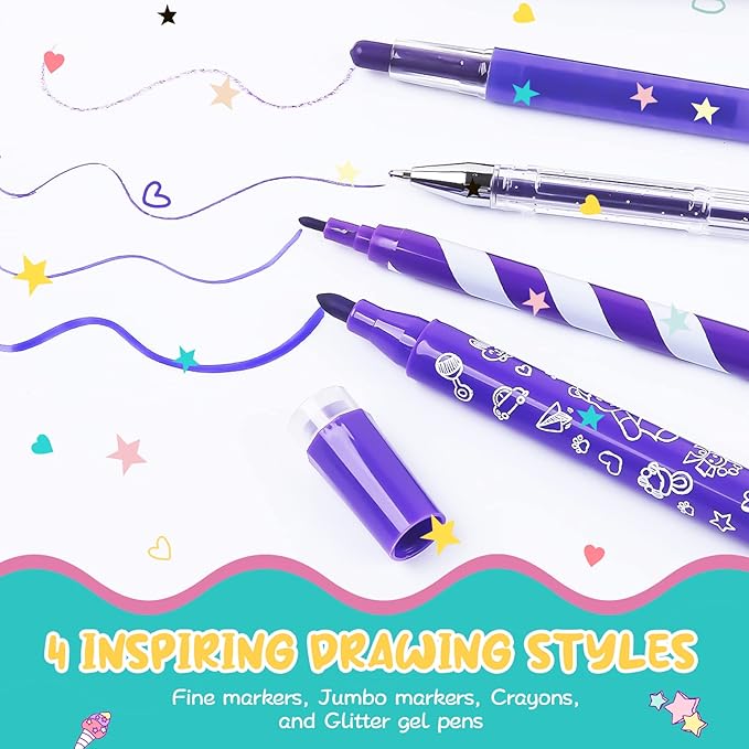 Washable Markers Set with Glitter Unicorn Pencil Case, Art Supplies for Kids Ages 4 5 6 7 8 Years Old, Arts Crafts Coloring Set with Crayon Pencil Gel Pen, Unicorn Toy Birthday Gift for Girls 4-6-8-10