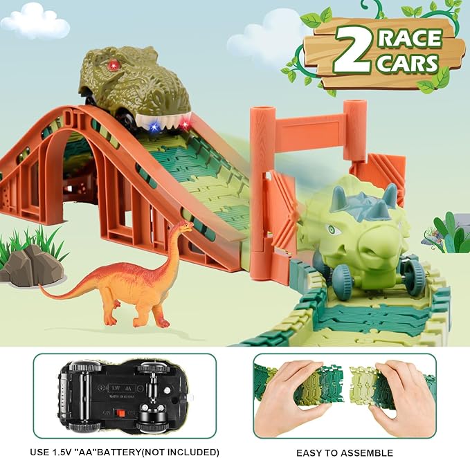 GIAT Dinosaur Track Toys - Best Birthday Gifts for 3 4 5 6 7 Year Old Boys Girls, Dinosaur Race Car Track with Light & Sound, Create A Dinosaur World Road Race
