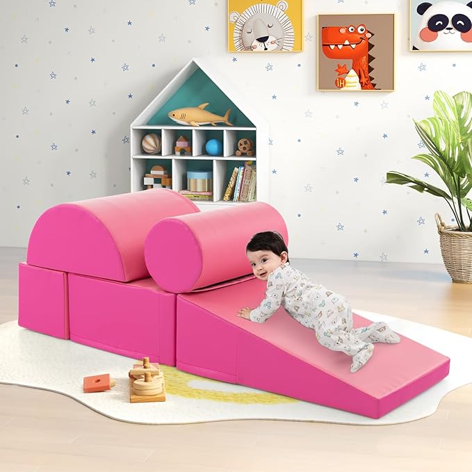 HONEY JOY 5-Piece Climb and Crawl Playset, Soft Climbing Foam Block Activity Play Structure Gym Equipment for Infant Baby, Color Coordination, Waterproof Indoor Climbing Toys for Toddlers (Pink)