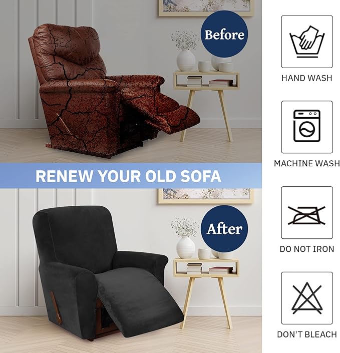 WEERRW Velvet High Stretch Recliner Chair Cover 1 Piece Recliner Couch Cover, Washable Furniture Protector with Non Slip Elastic Bottom for Kids and Pets, Black