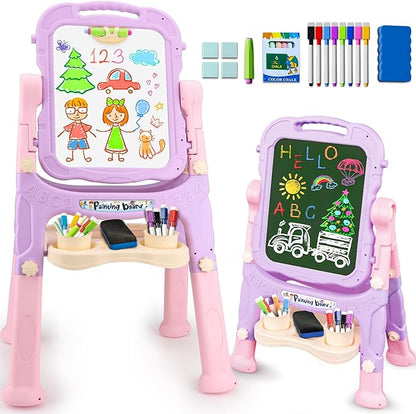 Kids Easels for Toddlers 2-4 Double Sided Kids Art Easel with Magnetic White Board & Chalk Board Adjustable Stand Drawing Painting Easel Learning Toys Age 2 3 4 Year Old Girl Birthday