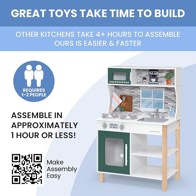 Delta Children Tiny Chef Play Kitchen - Toy Kitchen Playset with Realistic Knobs That Turn/Click, Oven, Sink, Microwave and 15 Pieces of Play Food, Green