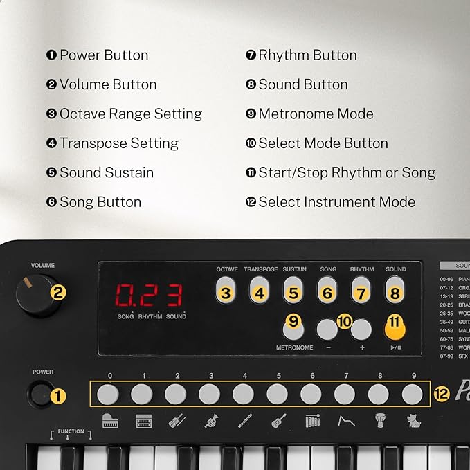 POGOLAB MK1 37 Keys Kids Keyboard Piano, Mini Portable Multi-Function Piano with Excellent Sound Quality, Built-In Speaker & LED Display, Small Electric Music Keyboard Gift for Beginners (Black)