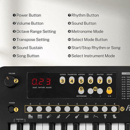 POGOLAB MK1 37 Keys Kids Keyboard Piano, Mini Portable Multi-Function Piano with Excellent Sound Quality, Built-In Speaker & LED Display, Small Electric Music Keyboard Gift for Beginners (Black)