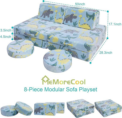 MeMoreCool Modular Glow Sofa for Kids, 8-Piece Convertible Foam Couch Play Set with Glowing Dinosaur Design for Toddlers and Playroom