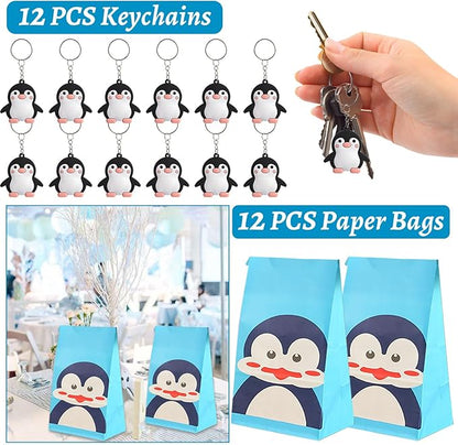 Penguin Party Favors, Penguin Temporary Tattoos Slap Bracelets Keychains Badges Gift Bags for Winter Penguin Birthday Party Supplies Decorations Gifts for Kids Classroom Rewards Baby Shower