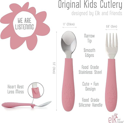 Elk and Friends Silicone Suction Plate for Babies/Toddlers + Stainless Steel Silverware Feeding Set | Divided Plate | Suction Design | Forks + Spoons Included | 3 Pack