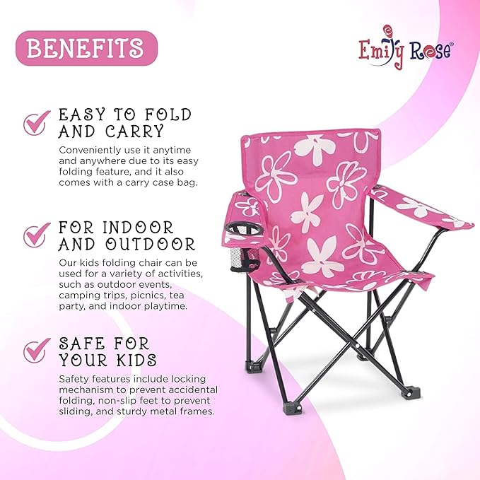 Emily Rose Kids Folding Chair | USA Company | Pink Kid Beach Chair with Safety Lock- Camping Chair for Girls Toddler with Cup Holder & Carry Case- Tailgate, Travel, Beach, Lawn- for Indoor & Outdoor