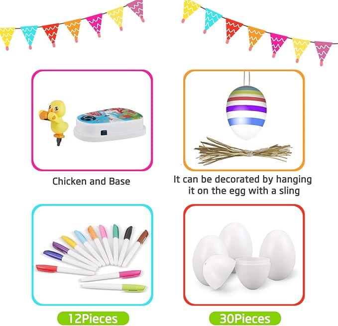 Engfa Easter Egg Decorating Kit, Chick Easter Eggs Decorating Kit Spinner Coloring Machine with 12 Dying Markers 30 Plastic Eggs and Slings, Easter Toy Arts and Crafts Set Gift for Kids Party
