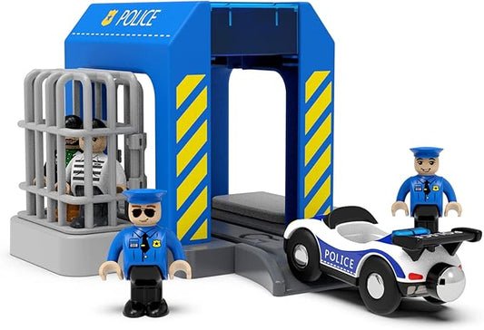 Wooden Train Tracks Accessories, Train Set Piece of Police Station Compatible with All Railroad Track Collection, Train Toys Expansion Pack for Kids Ages 3 and Up.