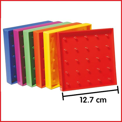edxeducation Double-Sided Geoboard Set | Set of 6 with Rubber Bands | Ages 3+ | Math Resources, Fine Motor Skills for Kids | 5 x 5 Grid/12 Pin Circular Array