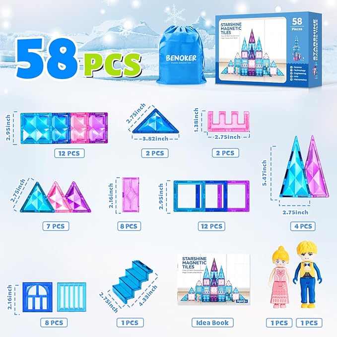 Frozen Castle Magnetic Tiles - 3D Diamond Building Blocks, STEM Educational Kids Toys for Pretend Play, 3 4 5 6 7 8 Year Old Girl Birthday Gifts for Your Princess and Prince