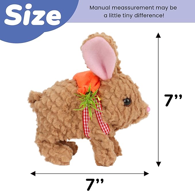 Hopearl Hopping Rabbit with LED Ears Carrot Backpack Interactive Plush Bunny Toy with Sounds Animated Walking Wiggle Light up Ears Twitch Nose Gift for Toddlers, Brown, 7''