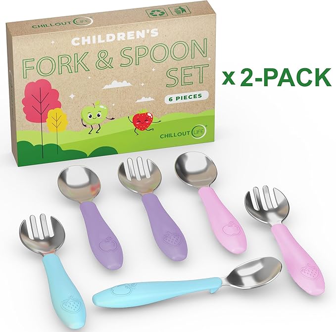 CHILLOUT LIFE Toddler Utensils, Kids Silverware with Silicone Handle, Stainless Steel Metal Toddler Forks and Spoons Safe Baby Cutlery Set for Self Feeding BPA Free Dishwasher Safe - 12 Piece