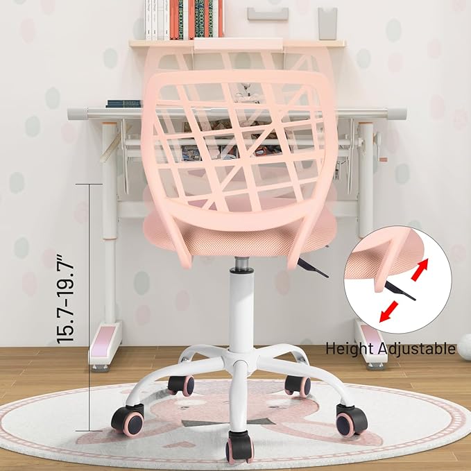 FurnitureR Kids Desk Chair, Small Office Chair Armless Study Chair, Cute Chic Adjsutable Swivel Rolling Task Chair with Soft Cushion for Kids Teens Children Student, Rose