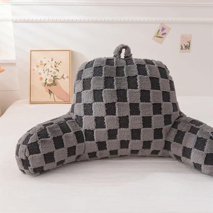 Aimuan Reading Pillow Checkered Bed Rest Wedge Backrest Checkerboard Pillow with Arms Back Support for Sitting Up in Bed Cushion Incline Rest Sleeping Snoring Pillow (Dark Grey,Large)