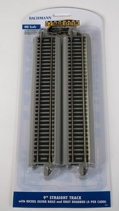 Bachmann Trains - Snap-Fit E-Z Track 9” Straight Track (4/card) - Nickel Silver Rail With Gray Roadbed - HO Scale, 8
