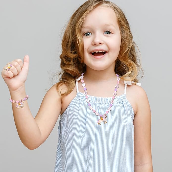 Todder Girls Jewelry Set,Girls Unicorn Necklace Ring Set,Girls Love Necklace Party Favors little Girls Pretend Dress up Play Jewelry,Children Unicorn Ring