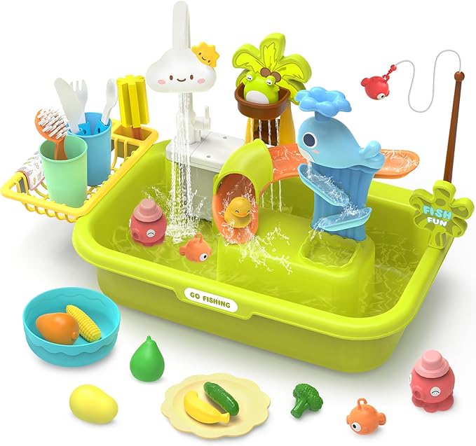 HOLYFUN Play Sink with Running Water, Kitchen Sink Toys with Upgraded Electric Faucet, Water Slide Track, Baby Dishwasher, Kids Fishing Toys, Role Play Sink Toy for Toddler Boys and Girls