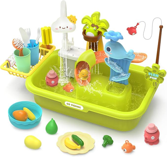 HOLYFUN Play Sink with Running Water, Kitchen Sink Toys with Upgraded Electric Faucet, Water Slide Track, Baby Dishwasher, Kids Fishing Toys, Role Play Sink Toy for Toddler Boys and Girls