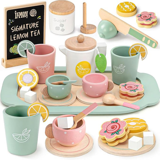 Toyssa Wooden Tea Party Set for Little Girls Toys Toddler Tea Set with Play Kitchen Accessories & Lemonade Stand & Black Board, Wooden Toys for Toddlers Aged 2 3 4 5 6, Birthday Kids Girls Gifts 3+