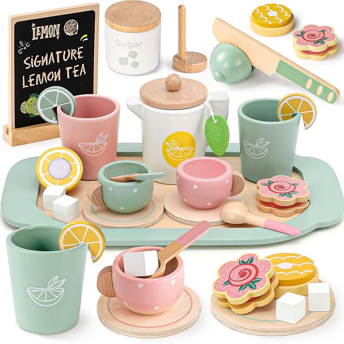 Toyssa Wooden Tea Party Set for Little Girls Toys Toddler Tea Set with Play Kitchen Accessories & Lemonade Stand & Black Board, Wooden Toys for Toddlers Aged 2 3 4 5 6, Birthday Kids Girls Gifts 3+