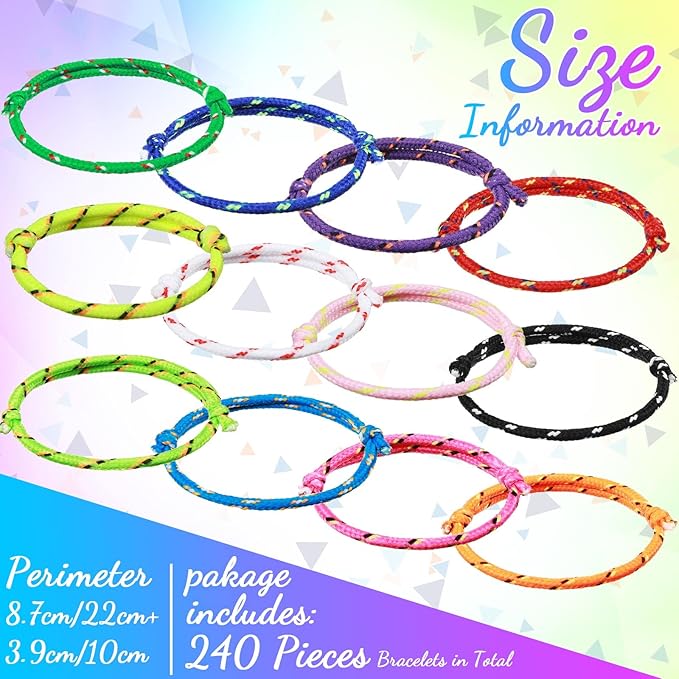 Kenning 240 Pcs Neon Friendship Bracelets Bulk 12 Assorted Colors Paracord Bracelets Rope Woven Adjustable Bracelets Braided Nylon Bracelets Friend Birthday Goody Bag Stuffers Carnivals Party Favors