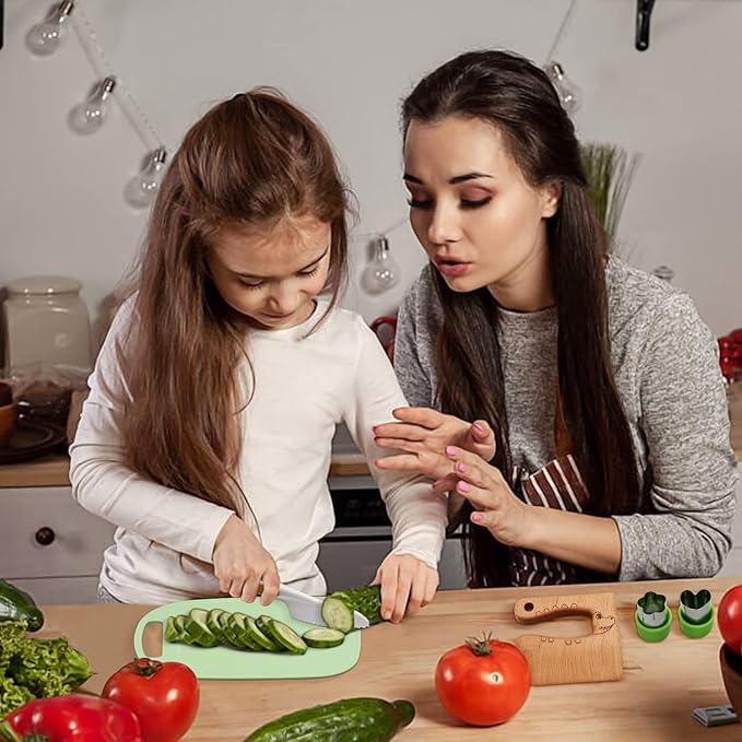 Suhctuptx 14 Pieces Wooden Kids Kitchen Knife Set with Gloves Cutting Board Fruit Vegetable Crinkle Cutters Serrated Edges Plastic Toddler Knifes for Real Cooking Kid Safe Knives - Crocodile