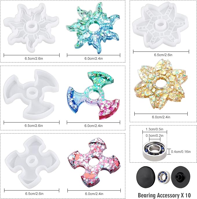 NiArt Fidget Finger Spinner DIY Epoxy Resin Casting Silicone Mold Kit 4 Molds with 10 Bearings Set, Stress Reliever Hand Fidget Toy Gift for Kids and Adults Art Crafts Home Decorations Jewelry (Set C)