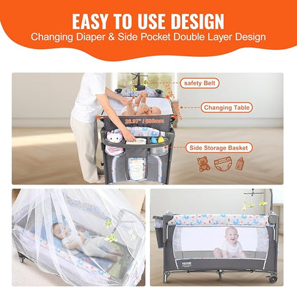 VEVOR Baby Bassinet, Pack and Play Bassinet Fold Portable Baby Bedside Sleeper Crib with Changing Table, Baby Playards Bed with Mosquito Net(Two Wheels)…