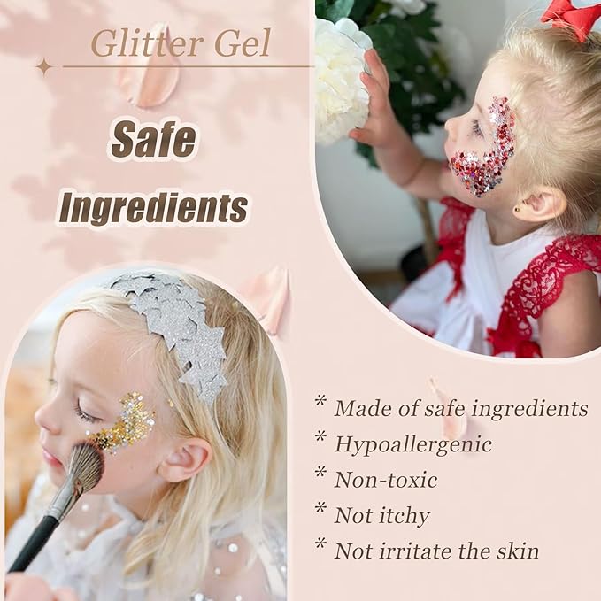 Face Body Glitter, Hair Glitter Sparkles Chunky Face Glitter Gel for Girls Makeup Singer Concerts Mermaid Festival Sequins, 10 Colors(White+Silver+Gold+Pink+Blue+Purple+Red+Light Blue+Green+Rose)