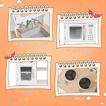 HONEY JOY Kids Wooden Kitchen Playset with Microwave, Sink, Stove & Oven, Cooking Accessories, Storage Shelf, Pretend Play Toy Kitchen Set, Gift for Boys Girls