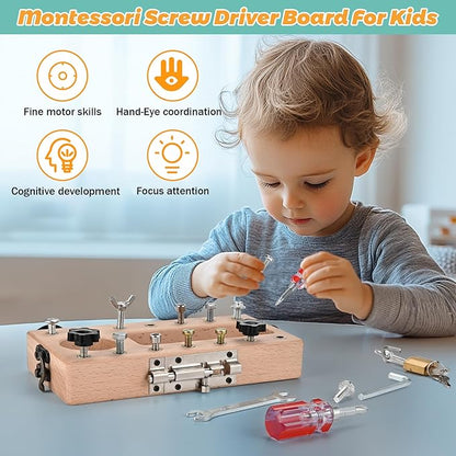 Montessori Screwdriver Board Set with Lock and Key, Montessori Toys for 3 4 5 Year Old, Wooden Screw Driver Activities Tools, Fine Motor Skills Preschool Learning Sensory Toy