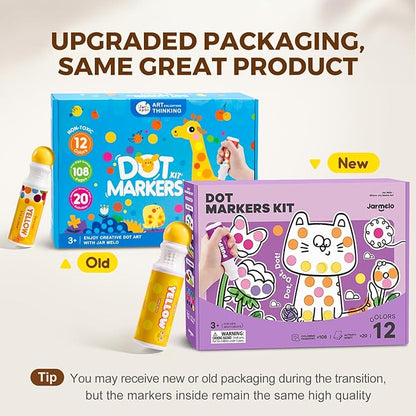 Jar Melo Washable Dot Markers for Toddlers, 12 Colors Dot Paints with 120 Printed PDF & 20 Activity Papers, Non-Toxic Bingo Markers for Kids Arts and Crafts Gifts
