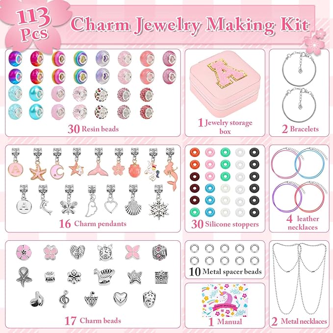 LifeisLuck Charm Bracelet Making Kit, Jewelry Making Kit for Girls DIY Charm Necklace Kit with Bracelet Organizer Box Unicorns Crafts Girls Toys Age 5 6 7 8-12 Birthday Gifts for Kids – A
