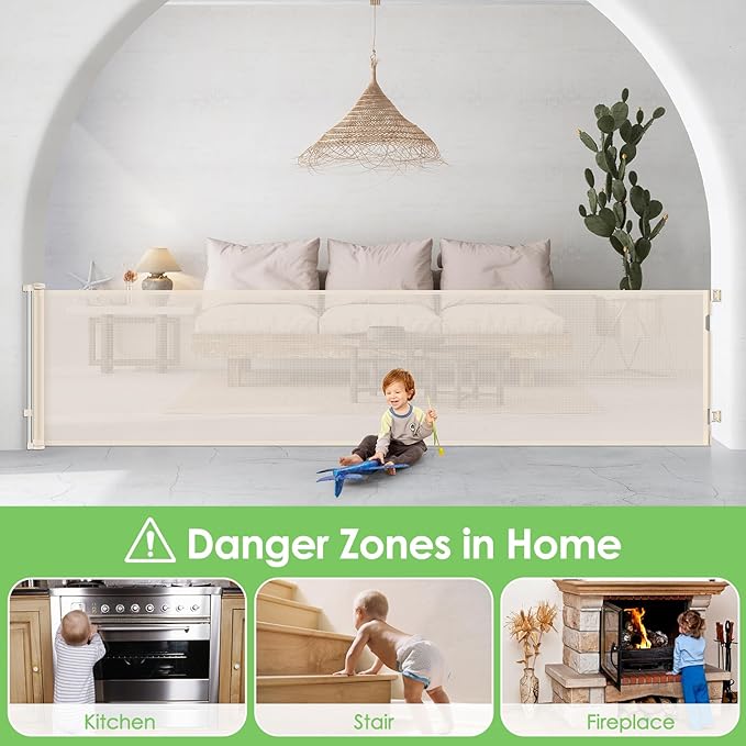 90 Inch Retractable Baby Gates Extra Wide Dog Gates for The House Extra Long Baby Gate for Stairs Child Gates for Wide Openings Large Dog Gate Indoor Outdoor Pet Gates for Dogs, Beige